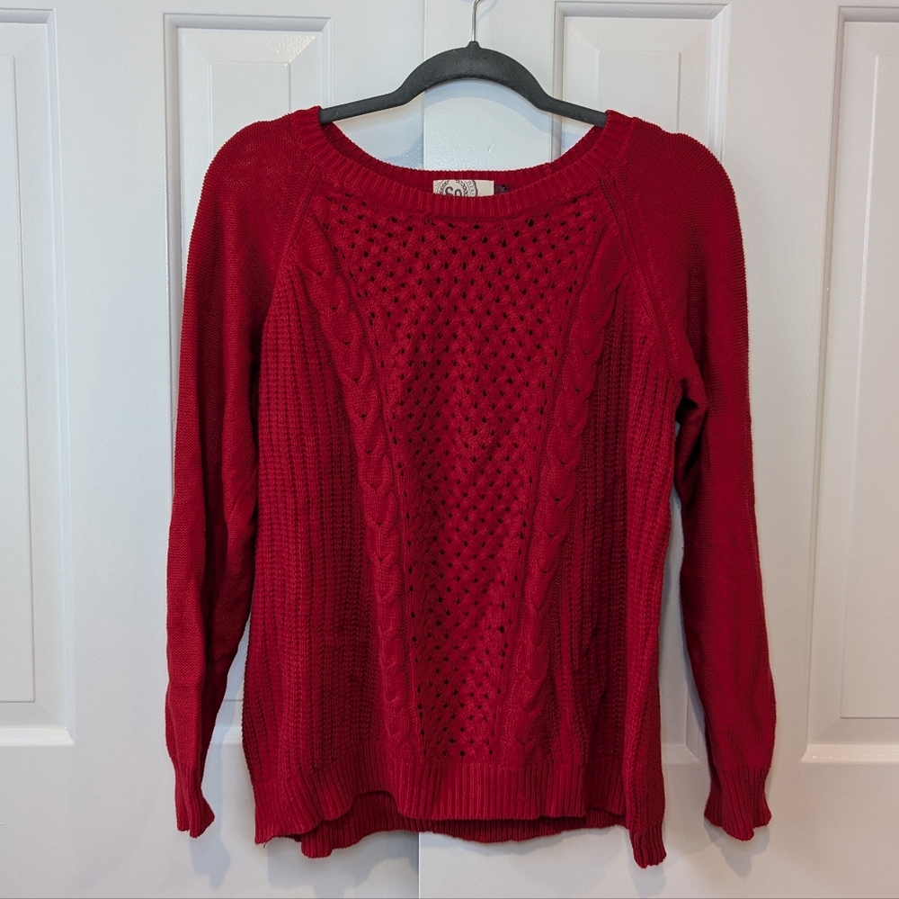 Women's Sweater XL Red Crew Neck Sweater Textured Knit Pattern Lightweight